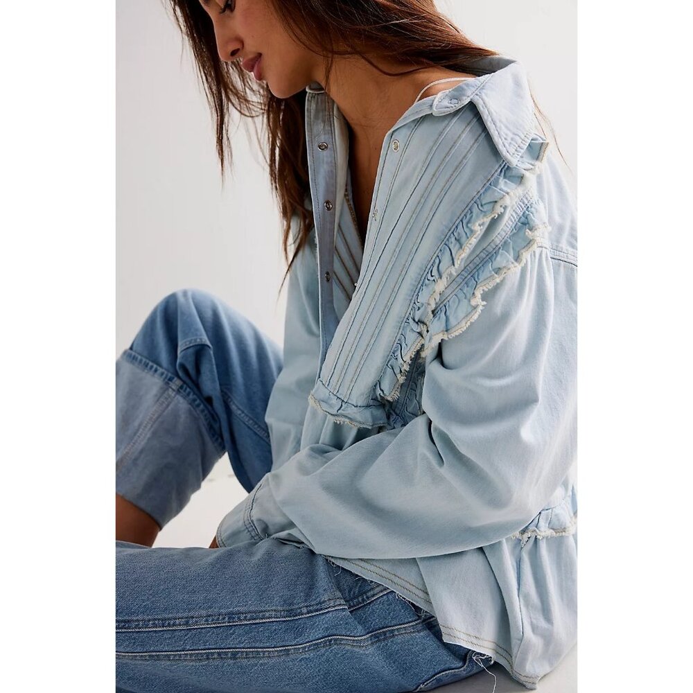 We The Free People Ruffles And Denim Shirt Size M - Picture 4 of 13